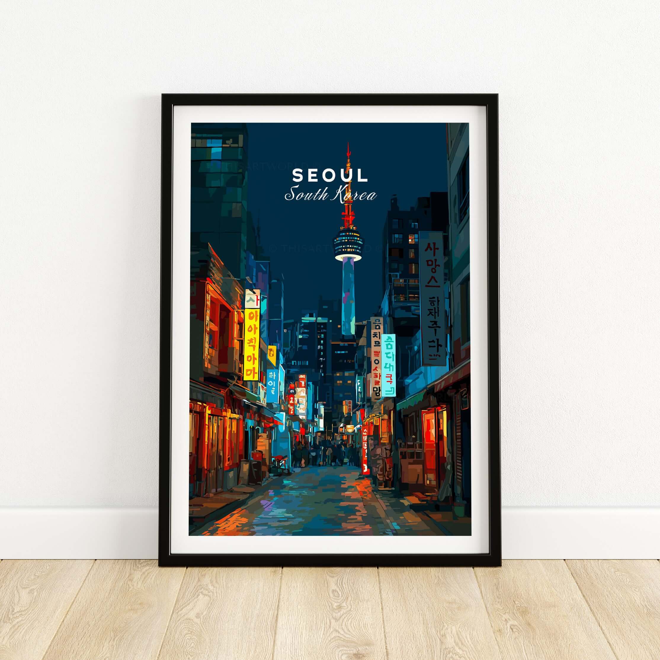 Seoul South Korea Poster N Seoul Tower Print showcasing vibrant street life and city lights.