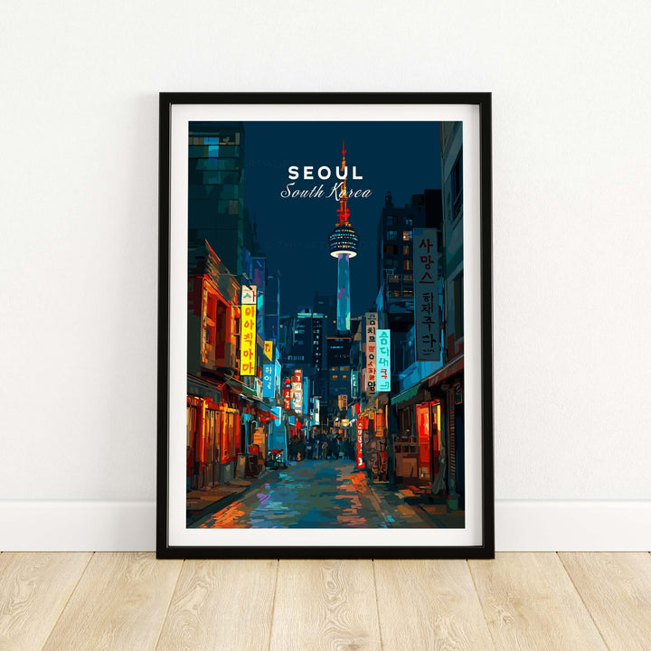 Seoul South Korea poster featuring N Seoul Tower in a vibrant urban night scene.