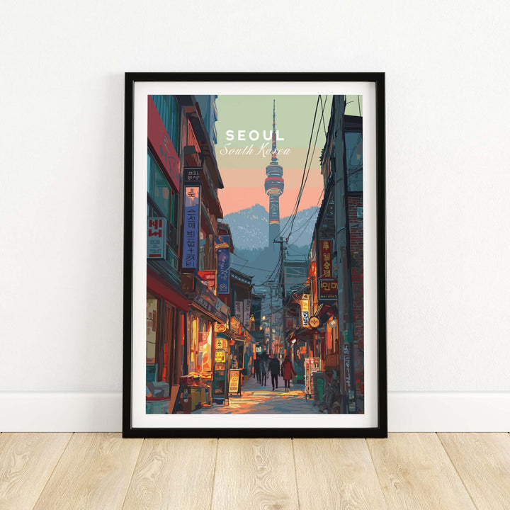 N Seoul Tower print featuring traditional streets of Seoul, South Korea, ideal for home or office decor.