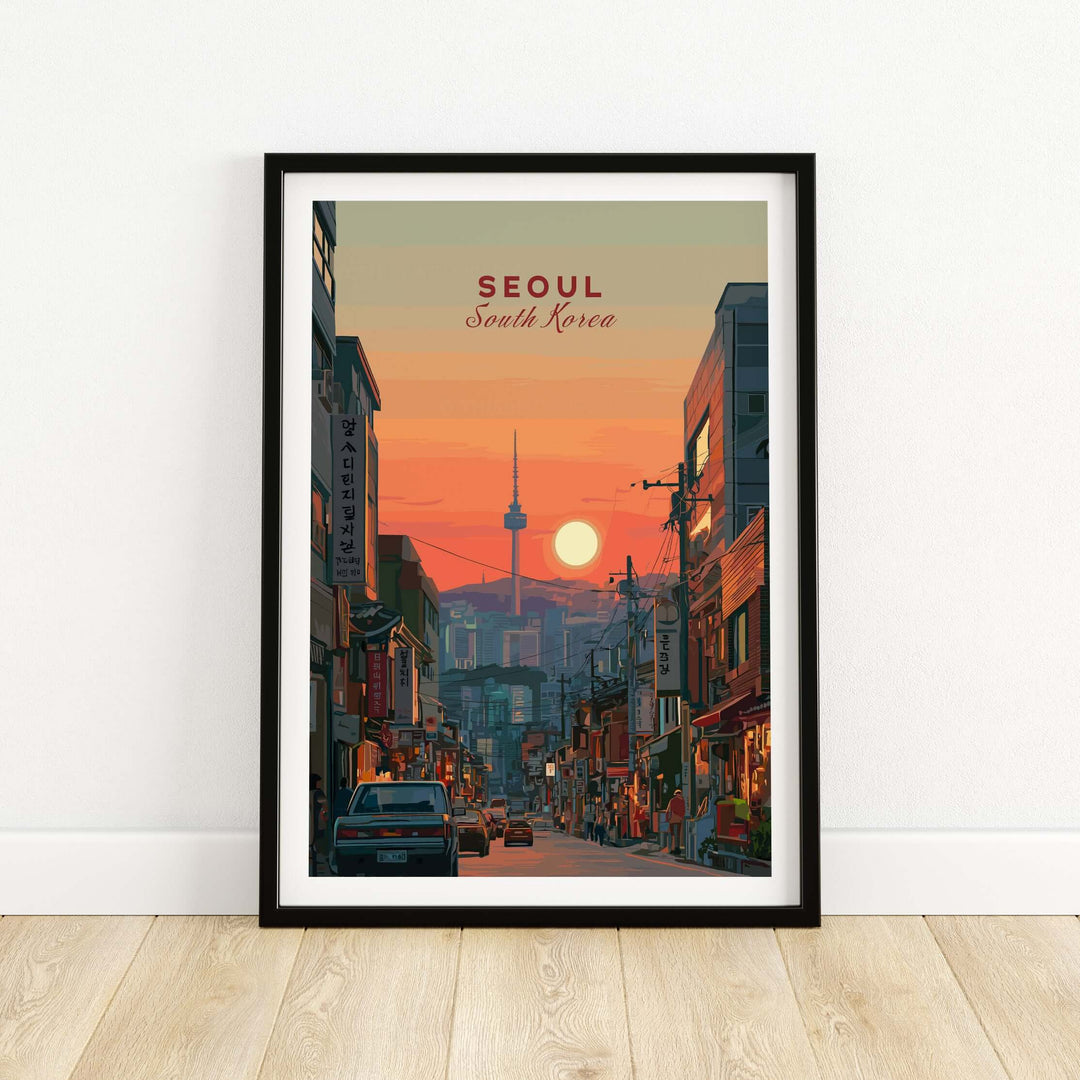 Seoul South Korea sunset poster featuring N Seoul Tower skyline and urban streetscape.