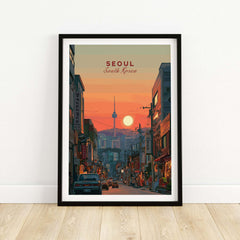 Seoul South Korea City Sunset Print - N Seoul Tower Skyline Poster framed art showcasing dusk in Seoul.