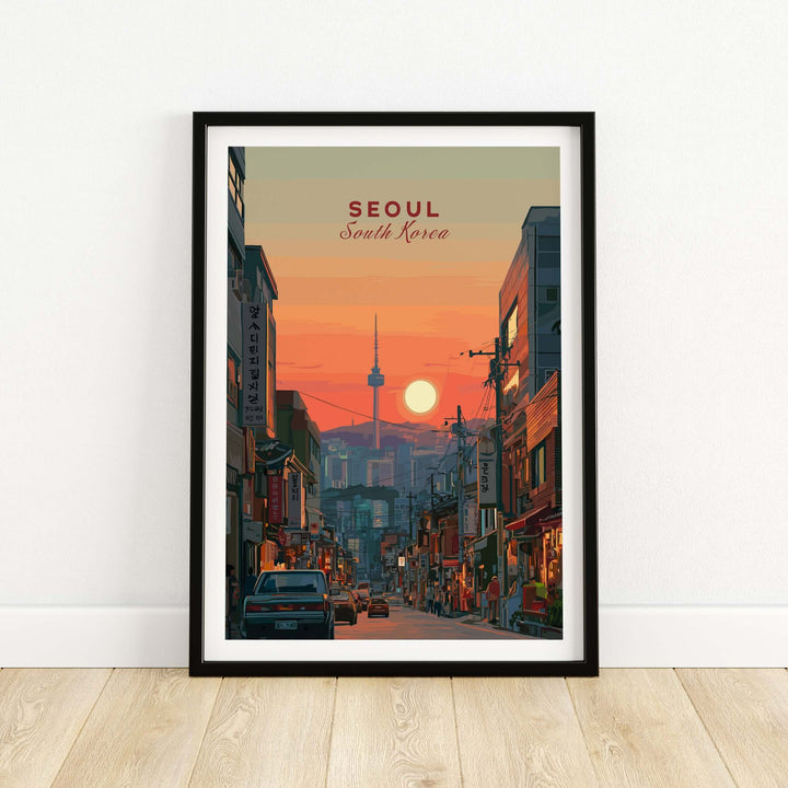 Seoul South Korea sunset poster featuring N Seoul Tower skyline and urban streetscape.