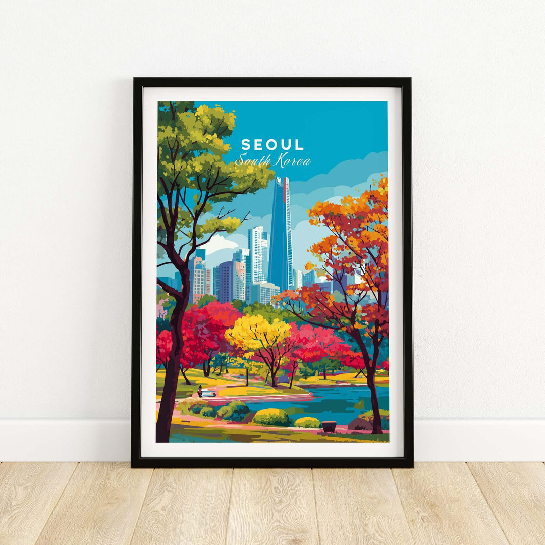 Colorful Seoul skyline print featuring Lotte World Tower framed with vibrant autumn foliage.