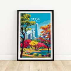 Seoul South Korea Lotte World Tower Park Print featuring vibrant trees and skyline in a colorful park setting.