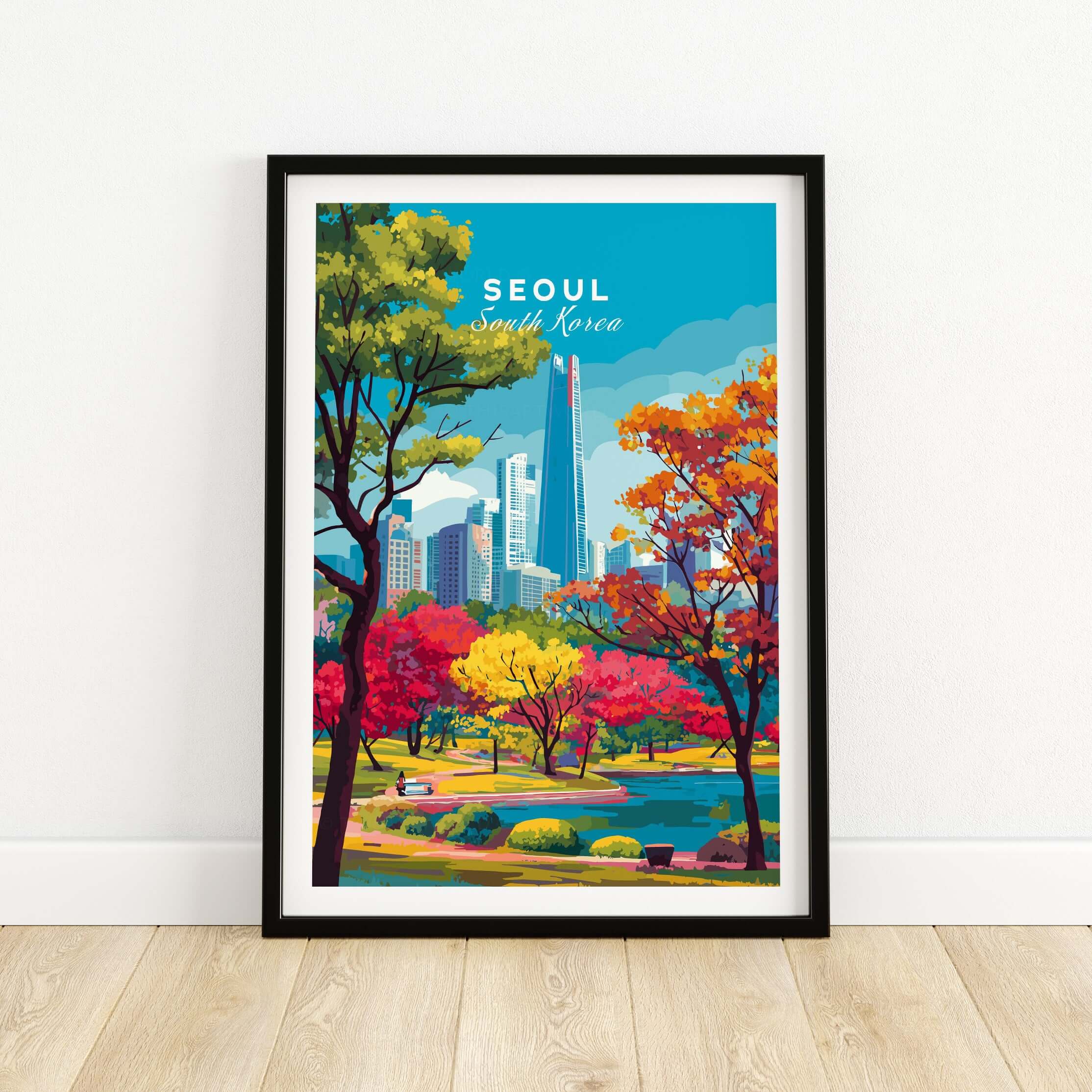 Seoul South Korea Lotte World Tower Park Print featuring vibrant trees and skyline in a colorful park setting.