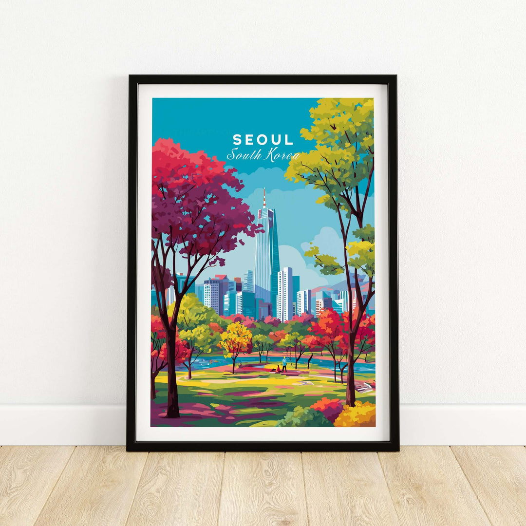 Vibrant Seoul South Korea poster showcasing colorful trees and city skyline, ideal for urban decor.