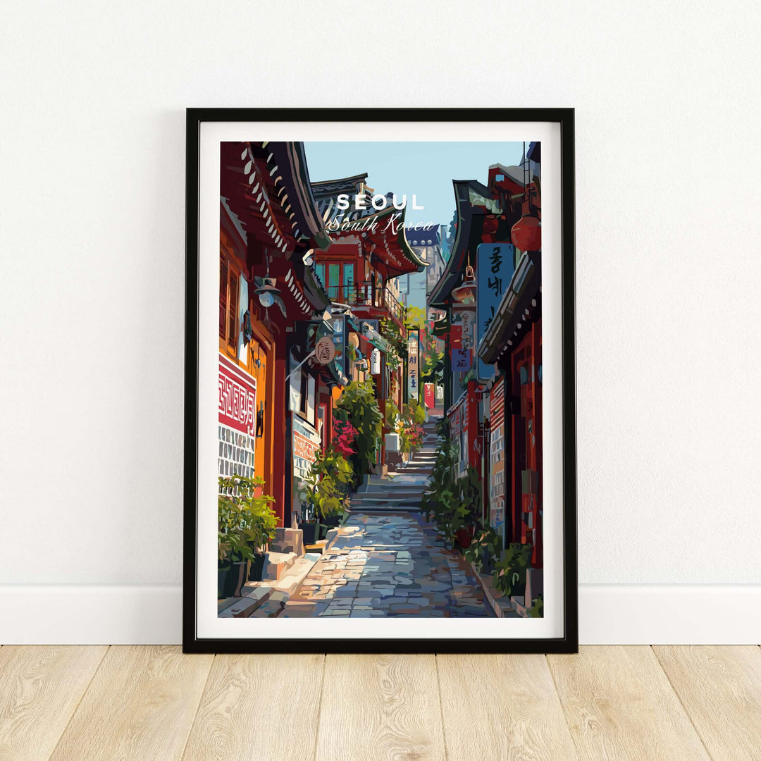 Seoul South Korea historic street print featuring traditional architecture and vibrant scenes.