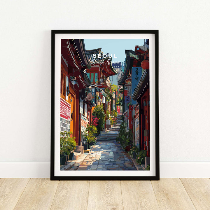 Seoul South Korea historic street print featuring traditional architecture and vibrant scenes.