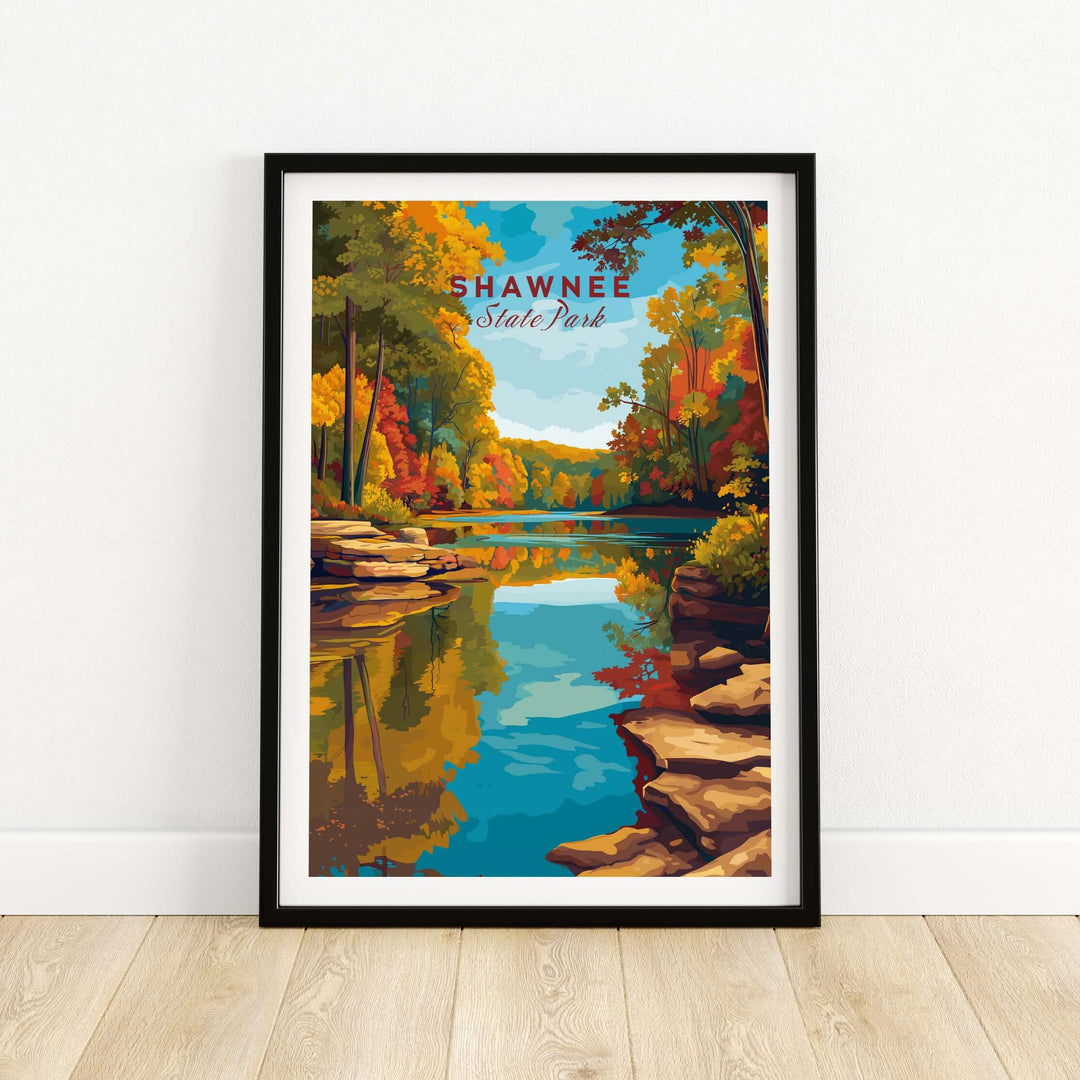 Shawnee State Park Ohio wall art print showcasing vibrant autumn foliage reflecting in a serene lake.
