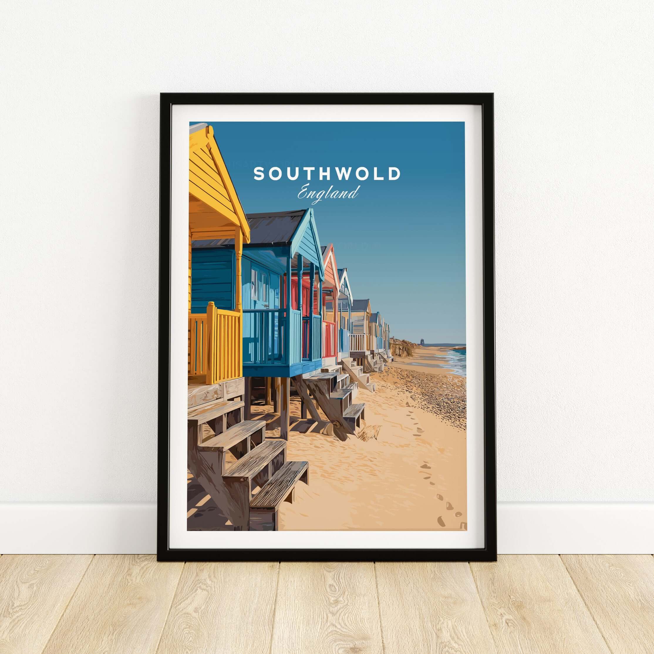 Southwold Print England showcasing colorful beach huts on sandy shore in tranquil coastal scenery.