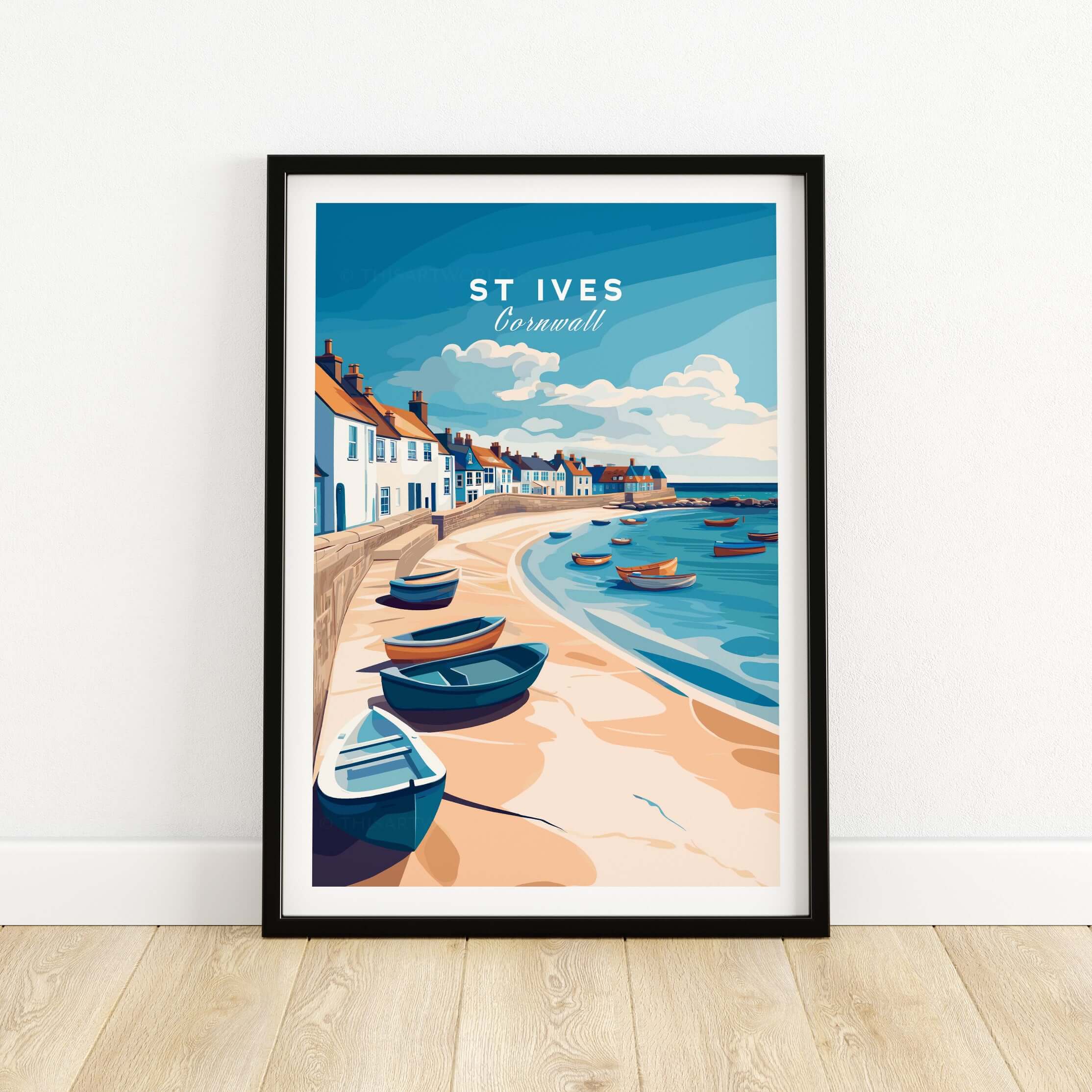 St Ives Beach Boats Seascape Poster - Cornwall Seaside Village Print showcasing serene coastal boats and village.