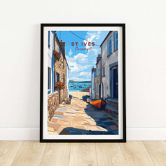 St Ives Cornwall Alleyway Beach View Print - Picturesque Coastal Town Poster displayed in a black frame.