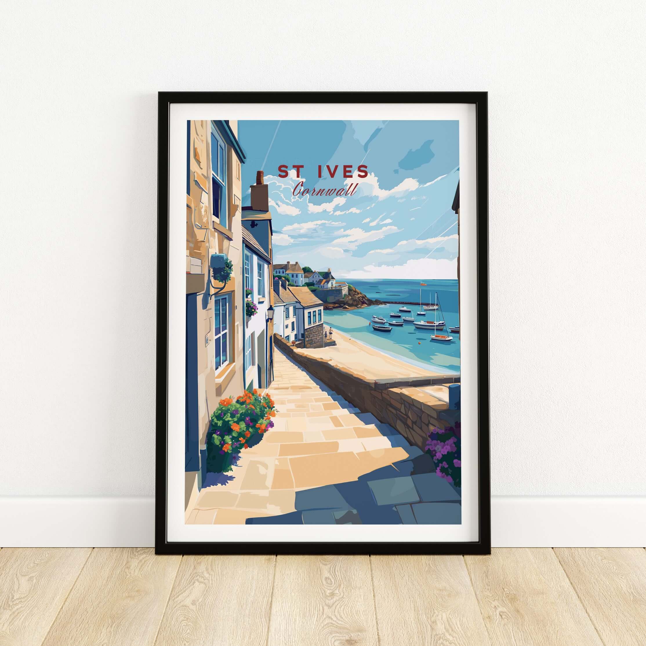 St Ives Cornwall Stone Steps to Beach Poster - Seaside Village Print showcasing coastal scenery and vibrant colors.