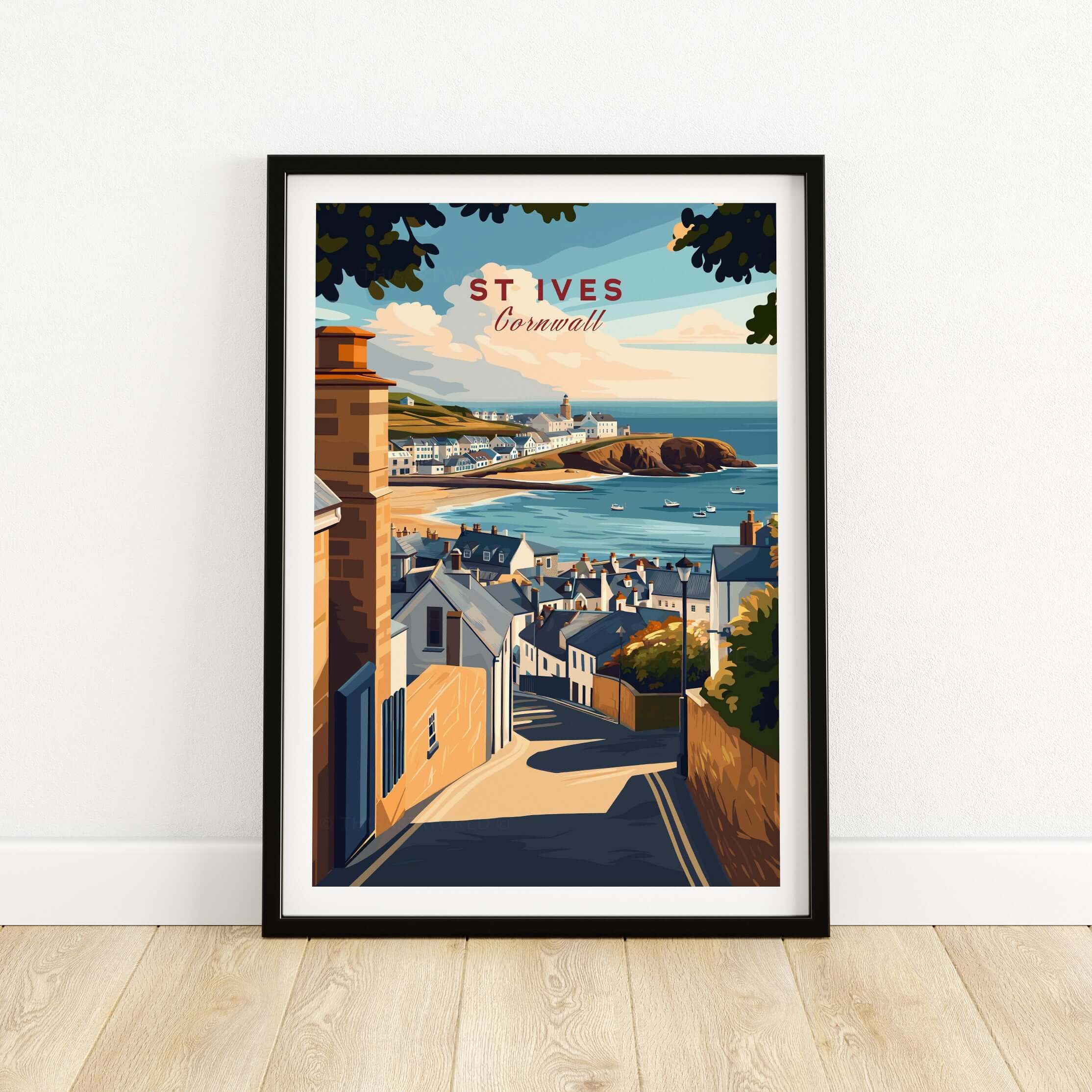 St Ives Across the Rooftops View Print - Cornish Town Wall Art showcasing a picturesque coastline and village.