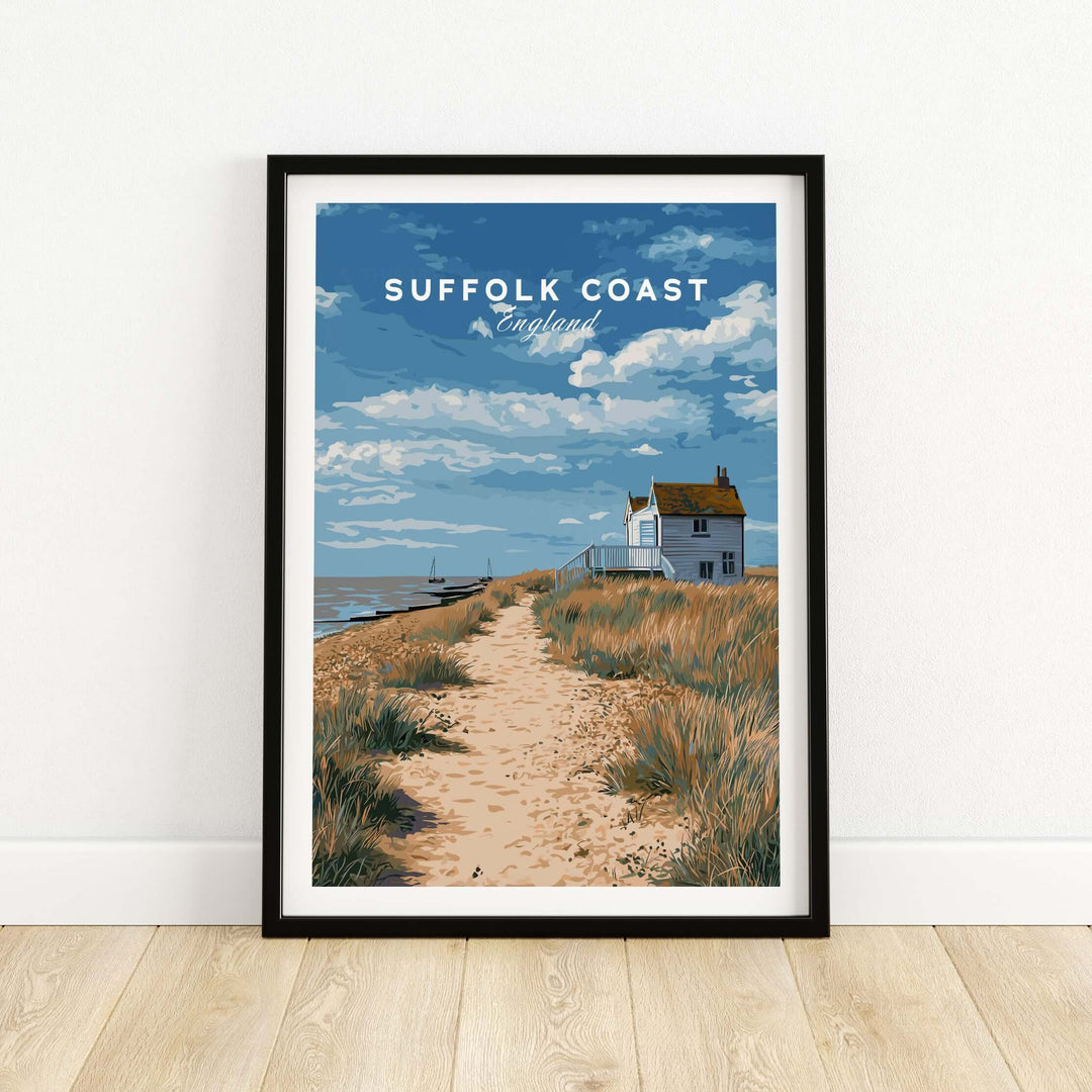 Suffolk Coast England beach house print featuring coastal pathway and blue sky, perfect for coastal decor.