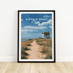 Suffolk Coast England Beach House Seaside Print - Coastal Pathway Wall Art featuring coastal pathway and beach house.
