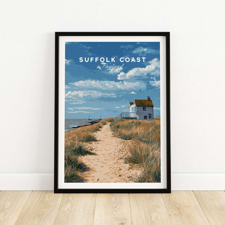 Suffolk Coast England beach house print featuring coastal pathway and blue sky, perfect for coastal decor.