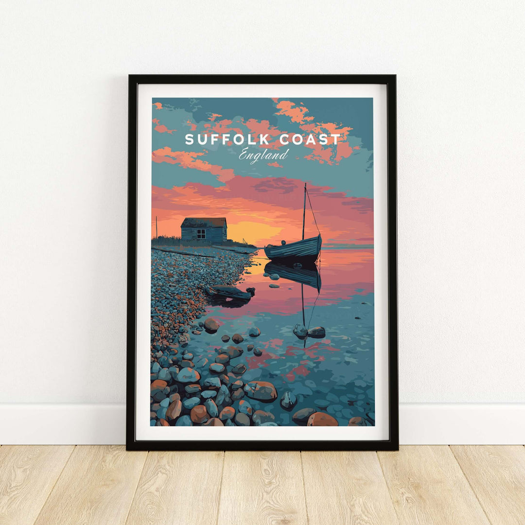 Suffolk Coast print showcasing a sunset over a pebble beach with a boat and coastal hut.