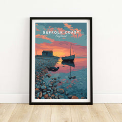 Suffolk Coast Print England Sunset Boat Pebble Beach - Coastal Hut Wall Art featuring a serene boat and coastal huts at sunset.