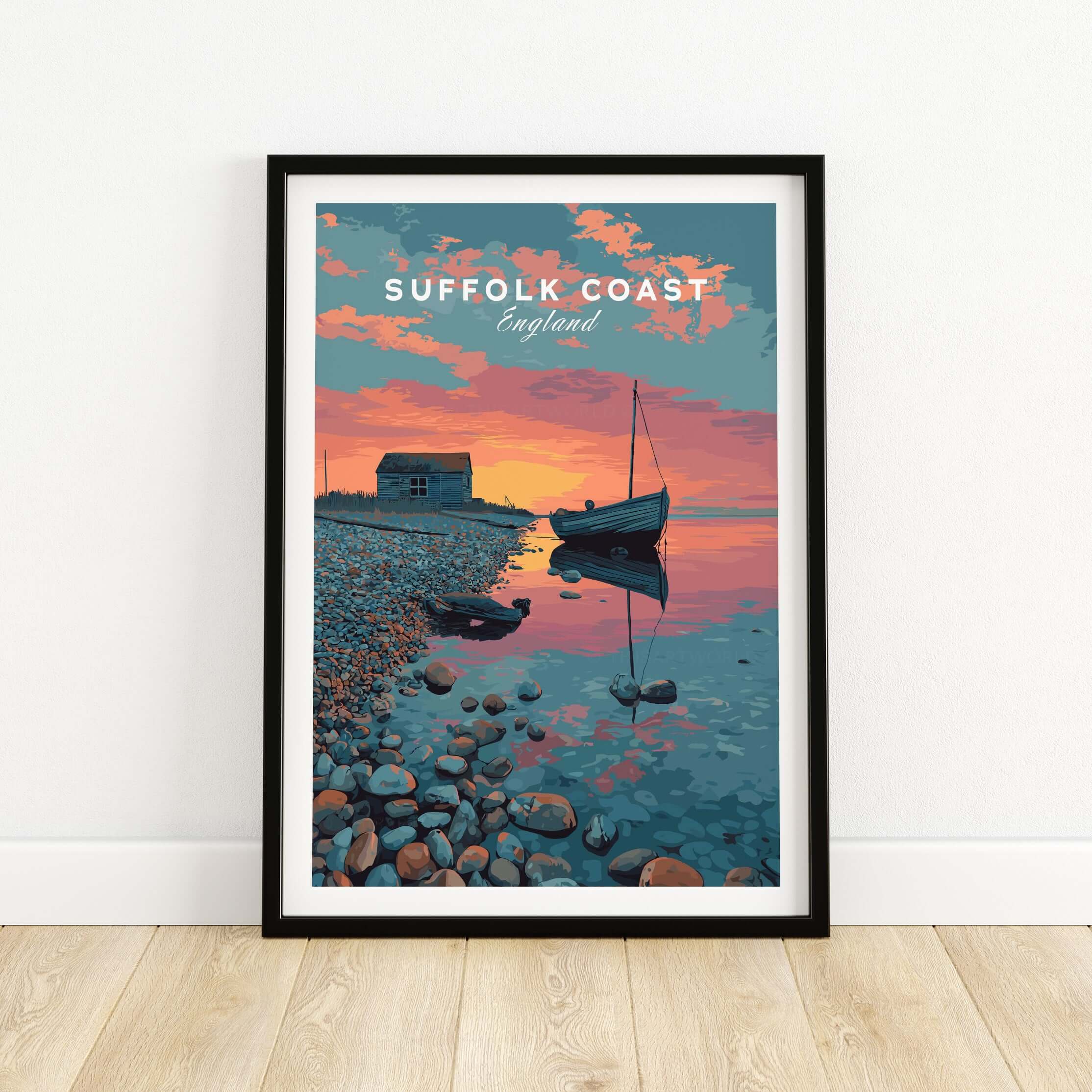 Suffolk Coast Print England Sunset Boat Pebble Beach - Coastal Hut Wall Art featuring a serene boat and coastal huts at sunset.