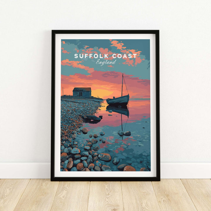 Suffolk Coast print showcasing a sunset over a pebble beach with a boat and coastal hut.