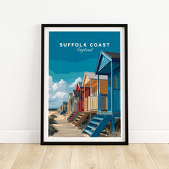 Suffolk Coast England Colorful Beach Huts Print - Vibrant Seaside Wall Art featuring colorful beach huts.
