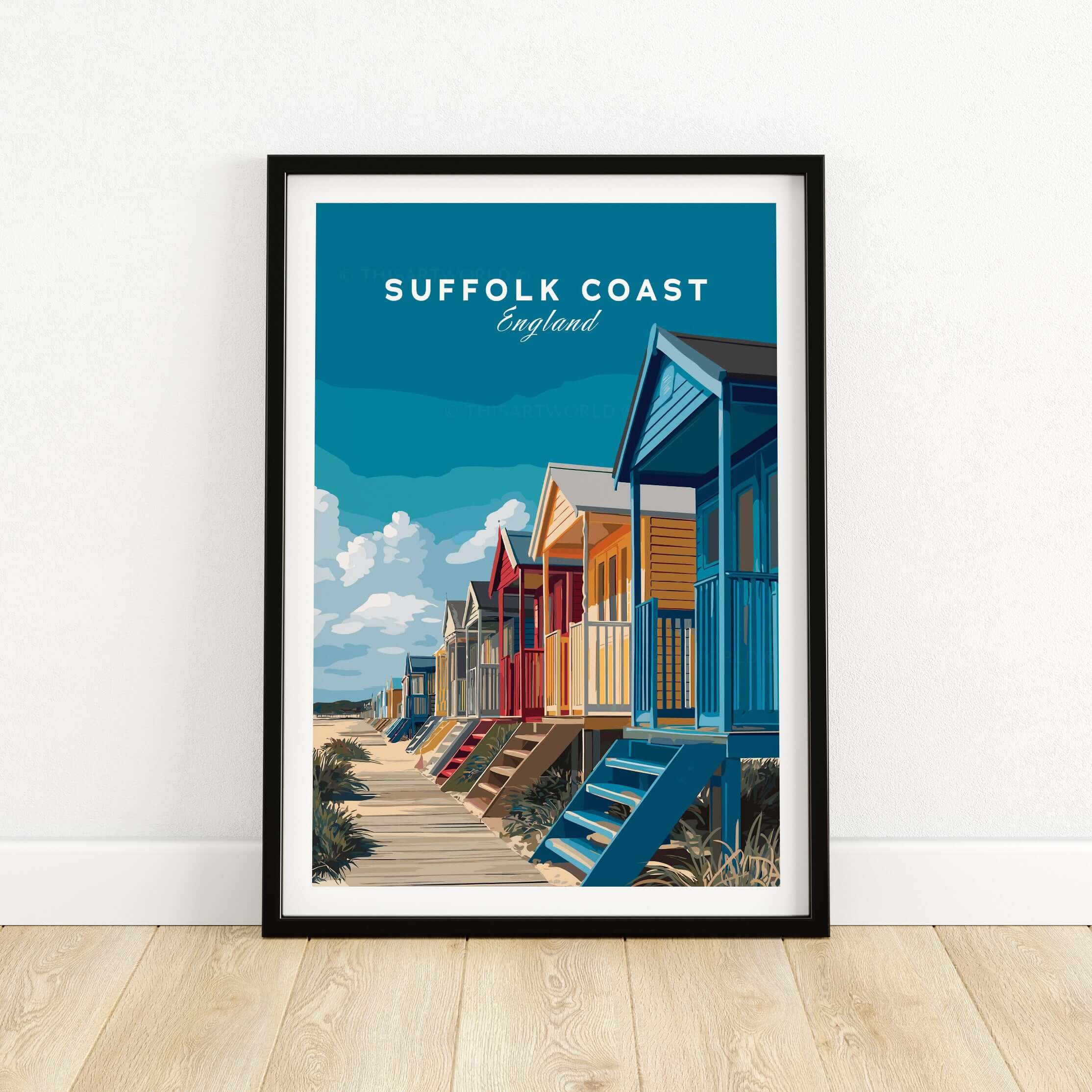 Suffolk Coast England Colorful Beach Huts Print - Vibrant Seaside Wall Art featuring colorful beach huts.