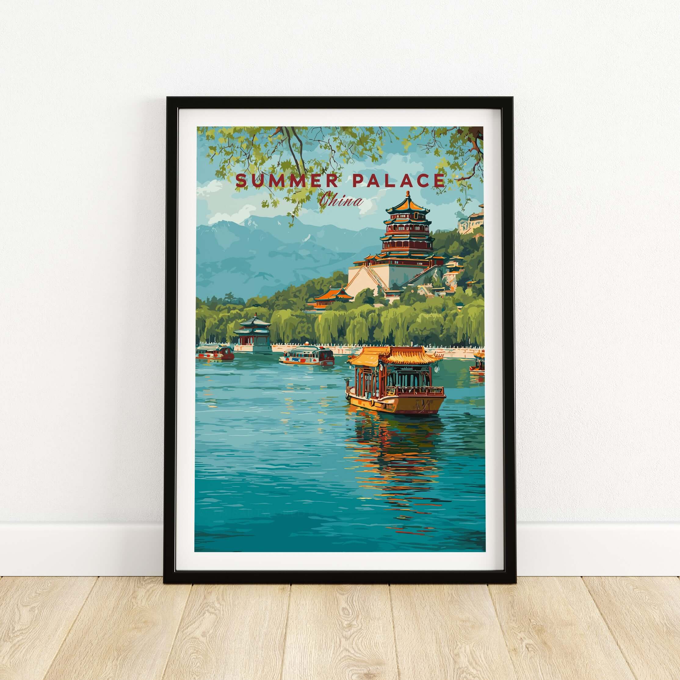 Summer Palace China Art Print - Beijing Royal Park Wall Decor showcasing a serene landscape with boats on water.