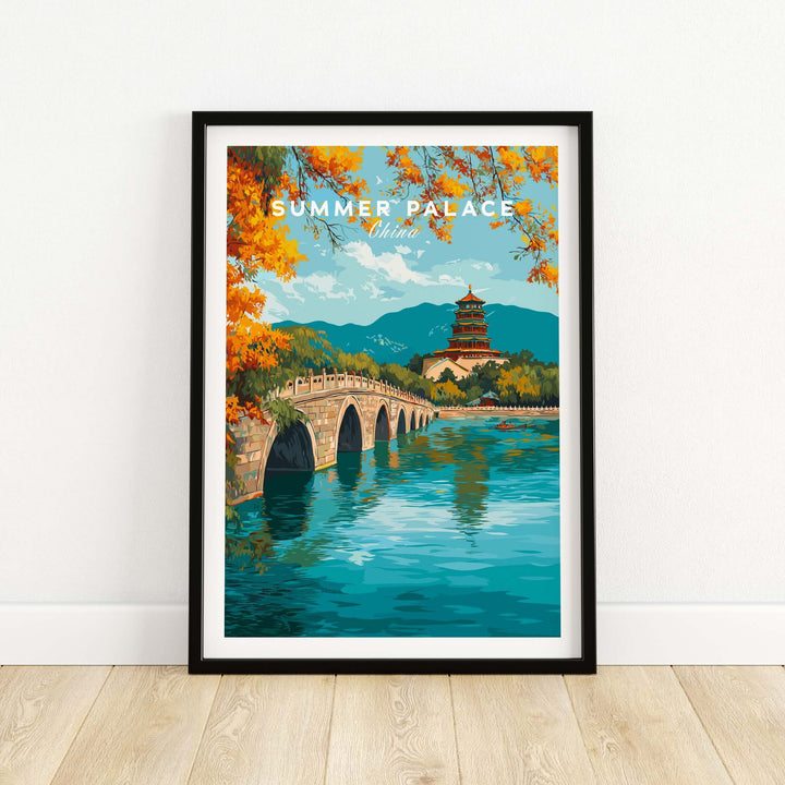 Stunning Summer Palace print featuring Seventeen-Arch Bridge and iconic pagoda in Beijing's serene landscape.