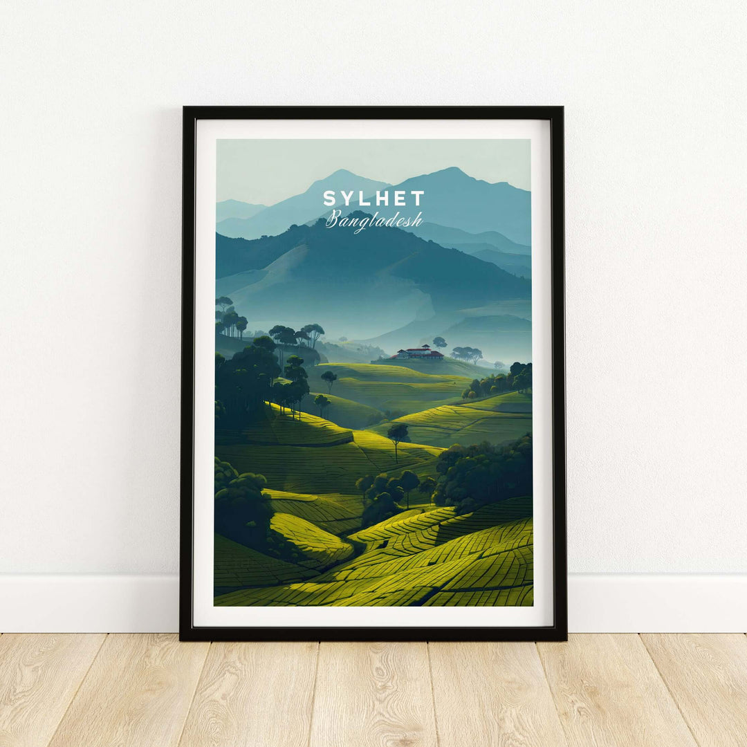 Sylhet Bangladesh poster featuring lush tea plantations and misty mountains in a beautiful landscape design.