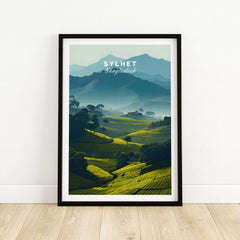 Sylhet Bangladesh Poster Tea Plantations Print - Misty Mountains Wall Art featuring lush green hills and misty mountains.