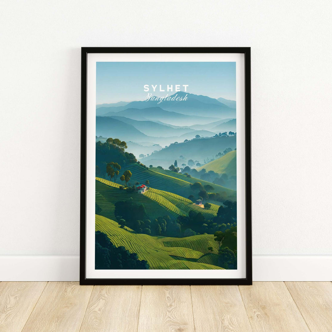 Sylhet Bangladesh tea fields print, serene hillside landscape poster showcasing rolling green plantations.