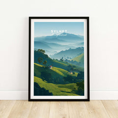 Sylhet Bangladesh Tea Fields Print - Serene Hillside Landscape Poster showcasing tranquil green hills and tea plantations.