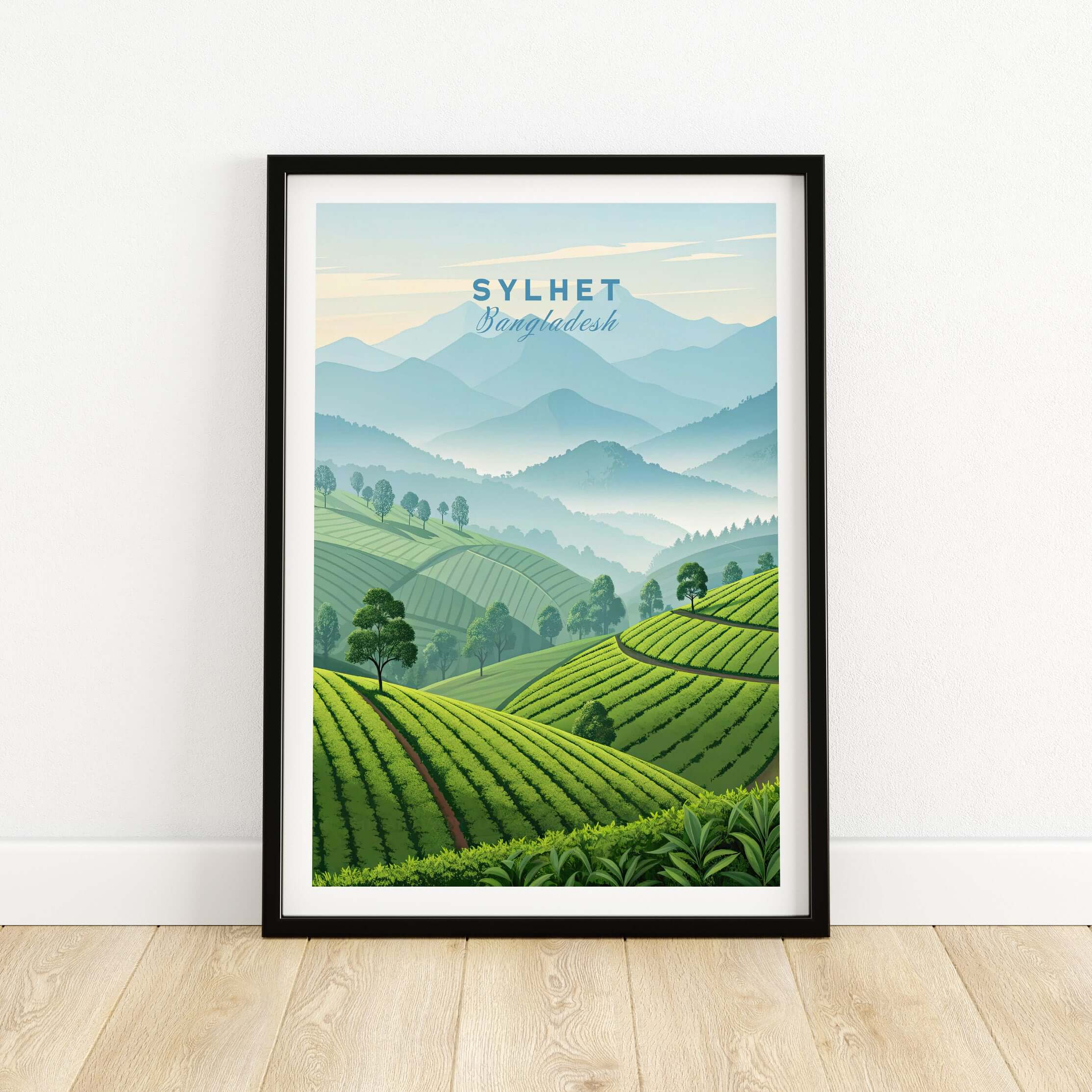 Sylhet Wall Art Bangladesh Tea Estates Mountain Panorama Poster - Lush Green Fields Print showcasing vibrant tea fields and mountains.