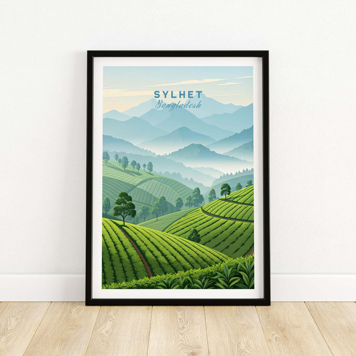 Panoramic poster of Sylhet, Bangladesh's lush tea estates and mountains in vibrant green hues.