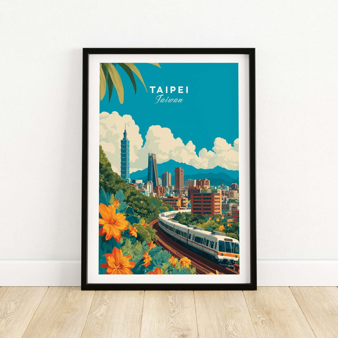 Taipei city skyline poster featuring MRT train, vibrant colors, urban landscape wall art for modern decor.