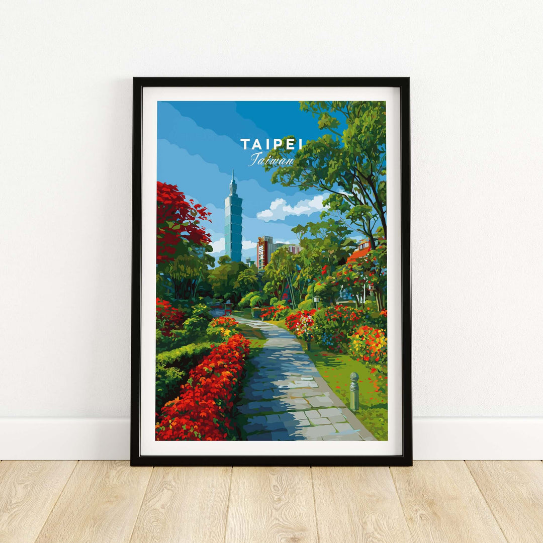 Taipei poster showcasing vibrant Botanical Garden pathway and cityscape, ideal wall art for nature lovers.
