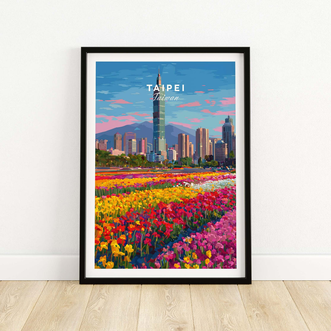 Colorful Taipei Taiwan Cityscape Print featuring Taipei 101 and vibrant flower fields.