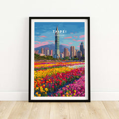 Taipei Taiwan Cityscape Print - Taipei 101 Skyline Wall Art featuring a colorful floral foreground and vibrant city skyline.