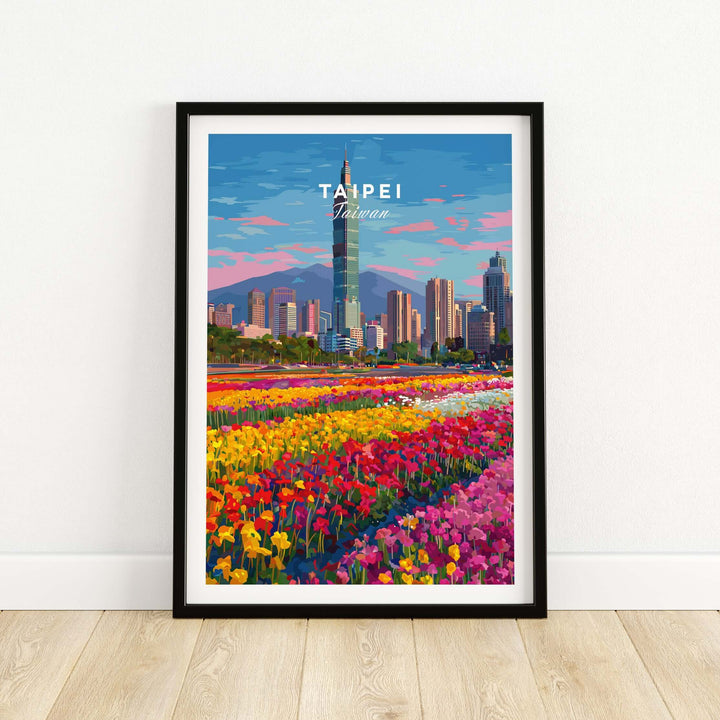 Colorful Taipei Taiwan Cityscape Print featuring Taipei 101 and vibrant flower fields.