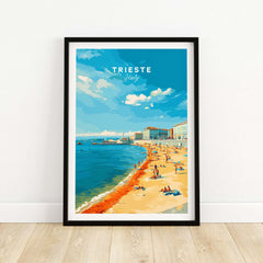 Trieste Italy Print - Adriatic Coast Wall Art featuring a vibrant beach scene with people enjoying the sun in Trieste.