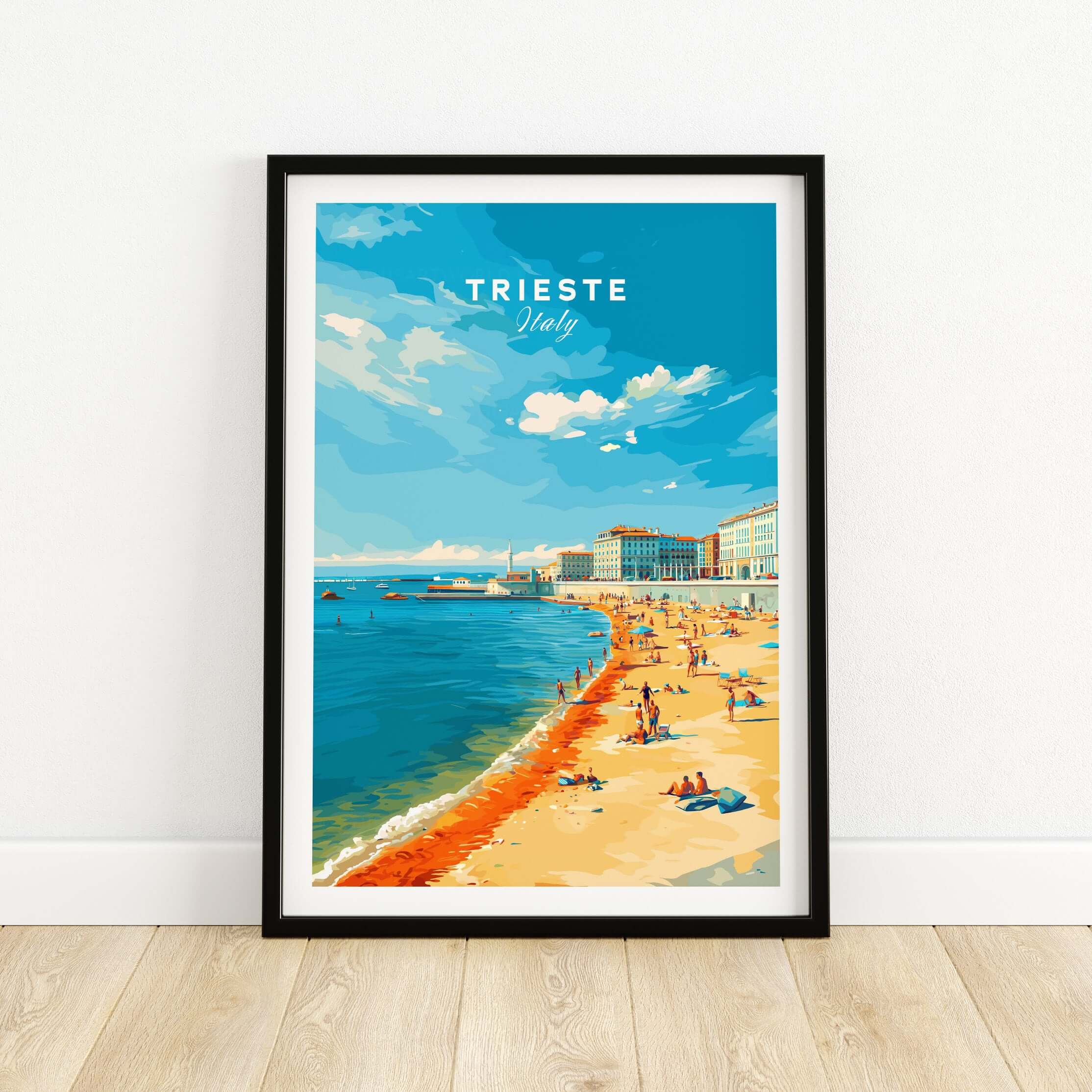 Trieste Italy Print - Adriatic Coast Wall Art featuring a vibrant beach scene with people enjoying the sun in Trieste.