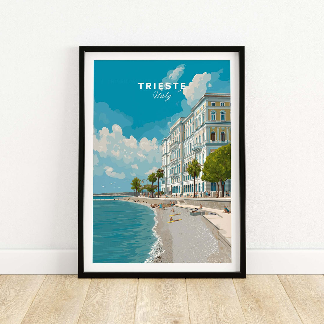 Trieste Italy beach scene poster featuring a serene coastline and vibrant blue sky, perfect for wall art decor.
