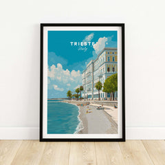 Trieste Italy Poster - Beach Scene Wall Art framed print featuring a beautiful beach and coastal view.