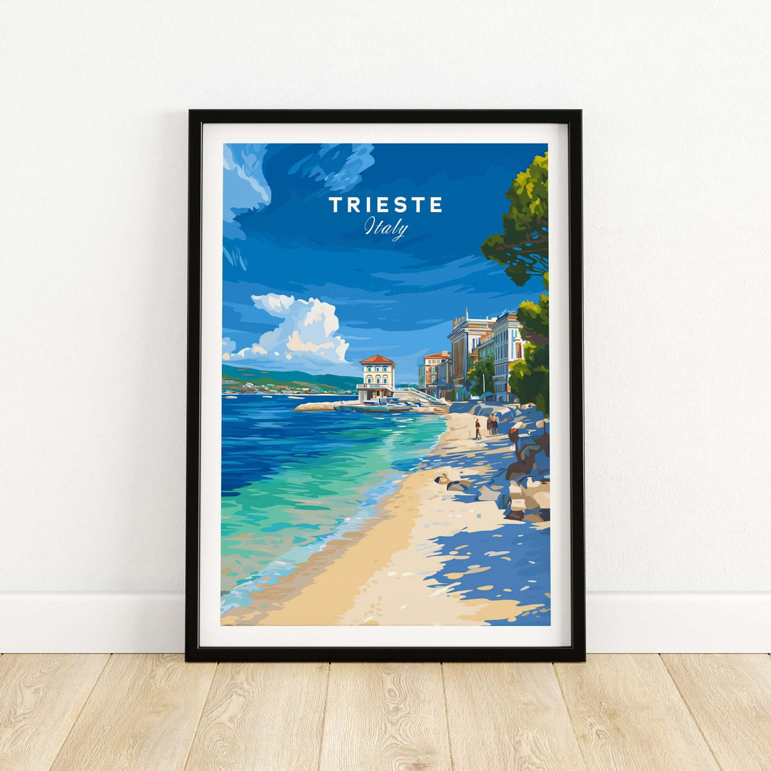 Trieste Italy beach print showcasing vibrant coastline and Mediterranean charm, perfect for home decor.