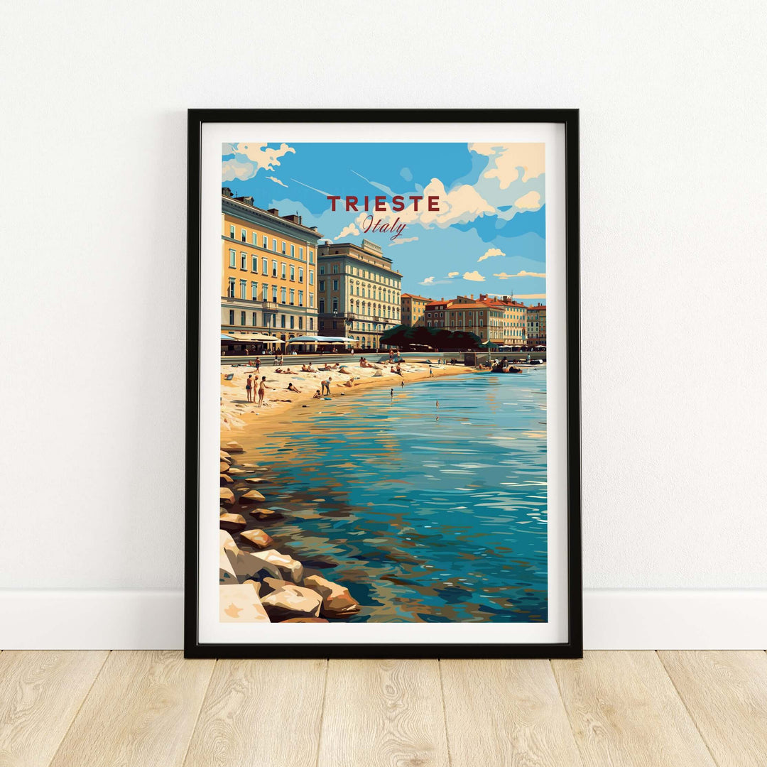 Trieste poster featuring coastal views and Italian architecture, perfect for travel enthusiasts.