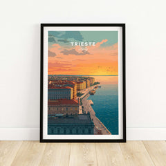 Trieste Italy Coastal Sunset Skyline Poster - Adriatic Seascape Print showcasing a vivid sunset over the coastline.