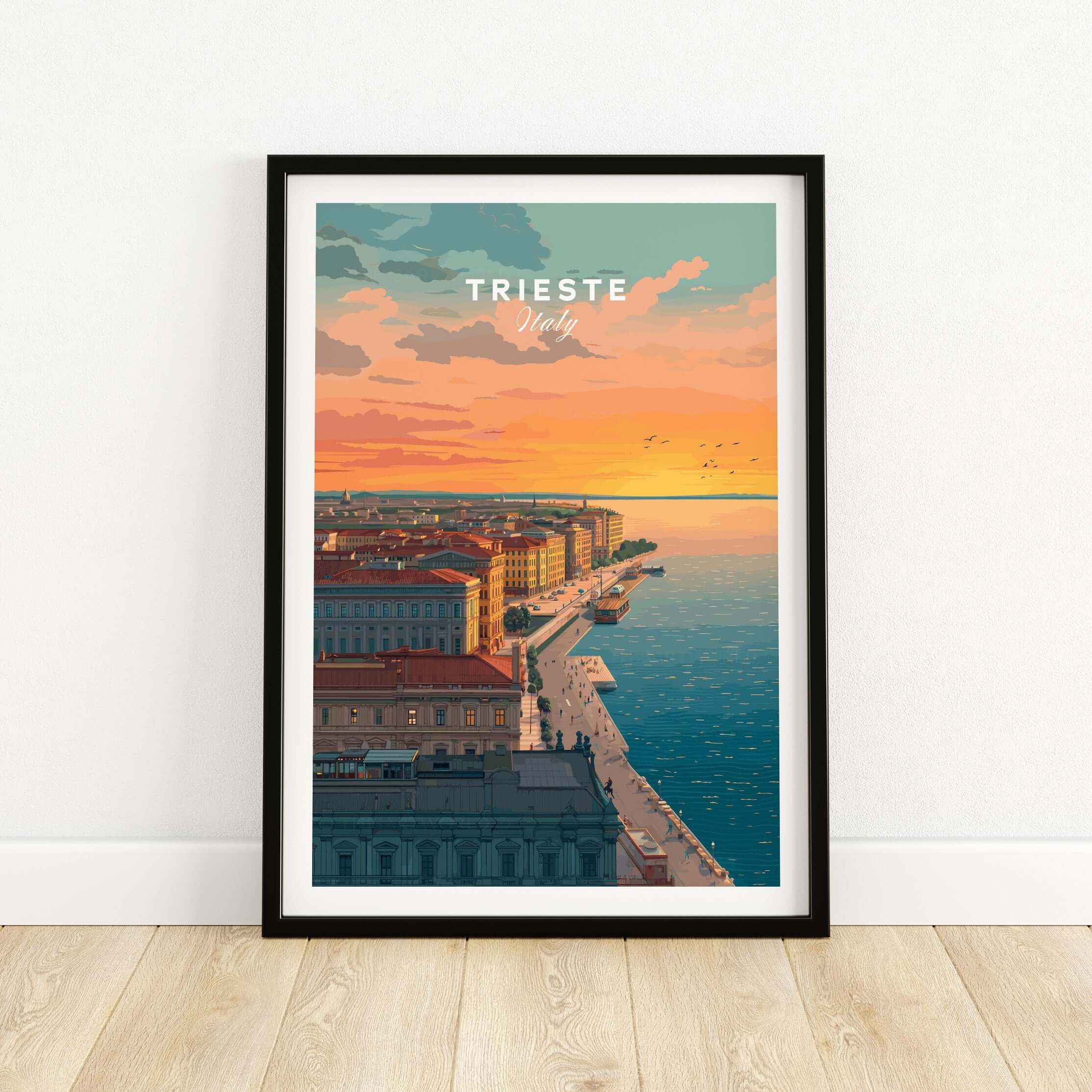 Trieste Italy Coastal Sunset Skyline Poster - Adriatic Seascape Print showcasing a vivid sunset over the coastline.