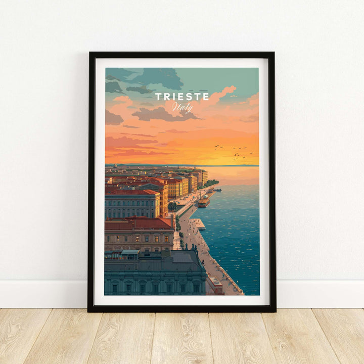 Trieste Italy coastal sunset skyline poster showcasing vibrant colors over the Adriatic Sea.