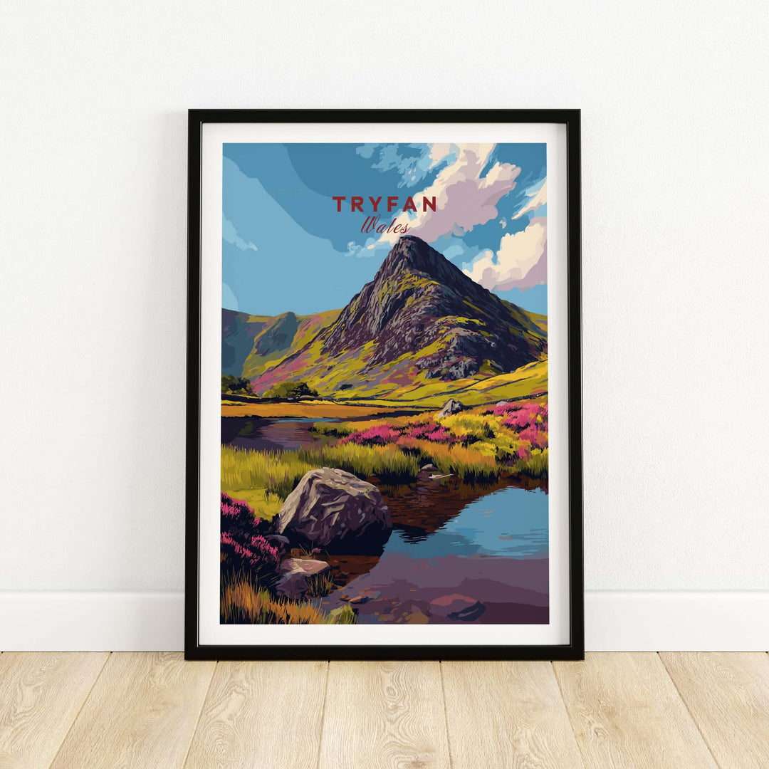 Tryfan mountain landscape print showcasing Snowdonia's beauty with vibrant colors and dramatic peaks.